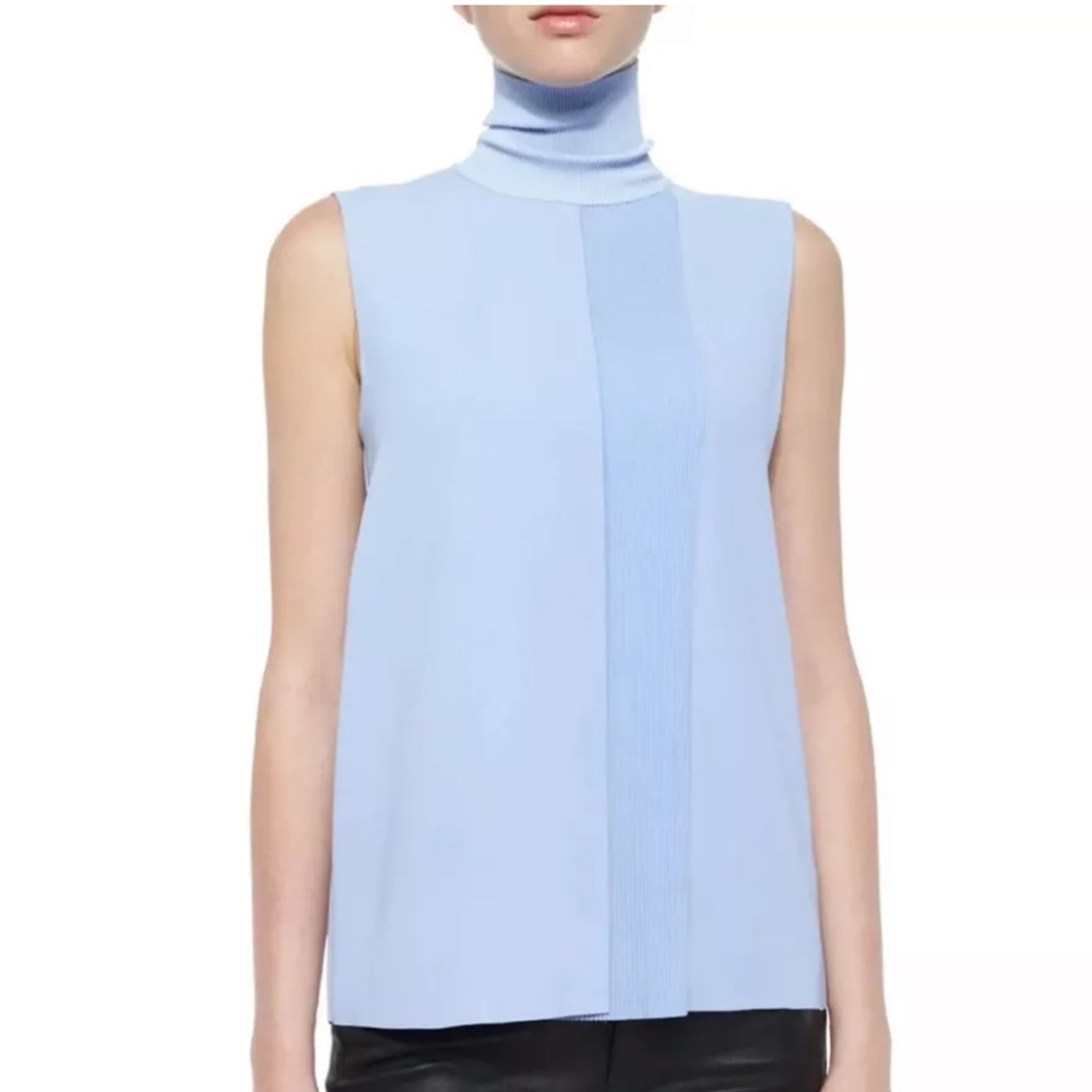 Vince Sleeveless Turtleneck Top Blue Pleated Front Size XS
